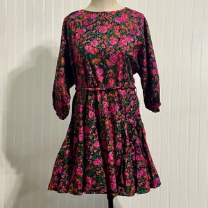 Aakaa Floral Mini Dress M Boho Cottagecore Romantic Aesthetic Cotton Puff Sleeve